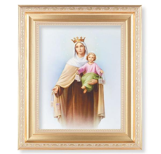Our Lady of Mount Carmel, 11.5"x13.5" Satin Gold Frame, Distressed Finish with Scrollwork, Italian Print Under Glass # 26424