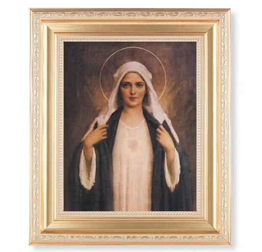 Chambers: Immaculate Heart of Mary, 11.5"x13.5" Satin Gold Frame, Distressed Finish with Scrollwork, Italian Print Under Glass # 26426