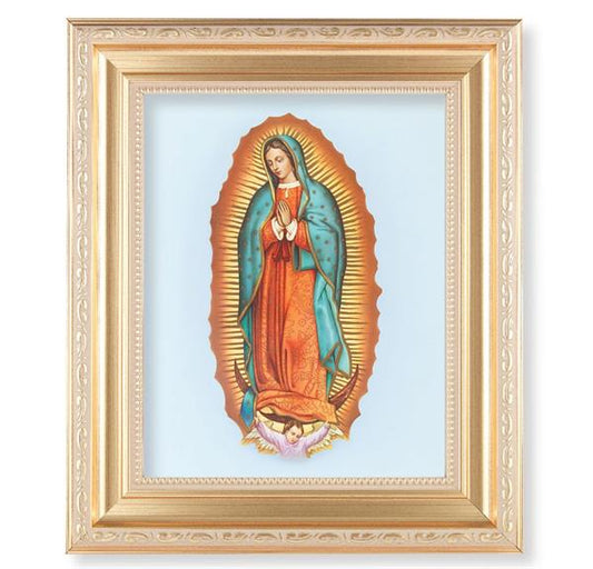 Our Lady of Guadalupe, 11.5"x13.5" Satin Gold Frame, Distressed Finish with Scrollwork, Italian Print Under Glass # 26432