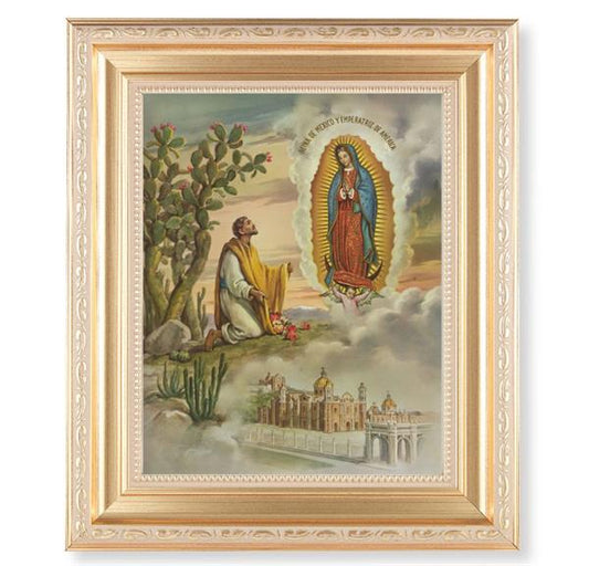 Juan Diego with OL Guadalupe, 11.5"x13.5" Satin Gold Frame, Distressed Finish with Scrollwork, Italian Print Under Glass # 26435