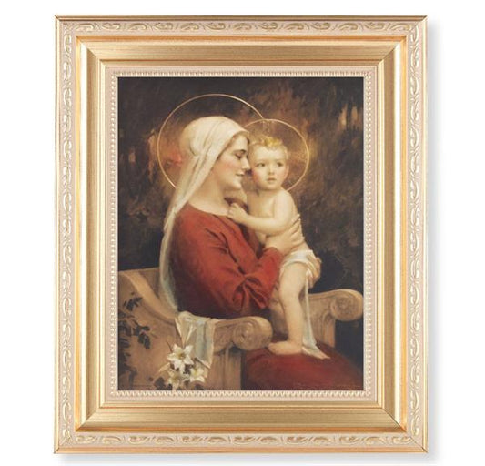 Chambers: Madonna and Child, 11.5"x13.5" Satin Gold Frame, Distressed Finish with Scrollwork, Italian Print Under Glass # 26447