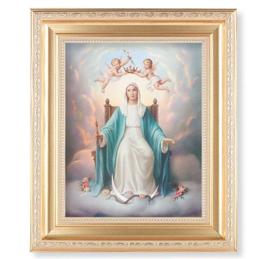 Queen of Heaven, 11.5"x13.5" Satin Gold Frame, Distressed Finish with Scrollwork, Italian Print Under Glass # 26448