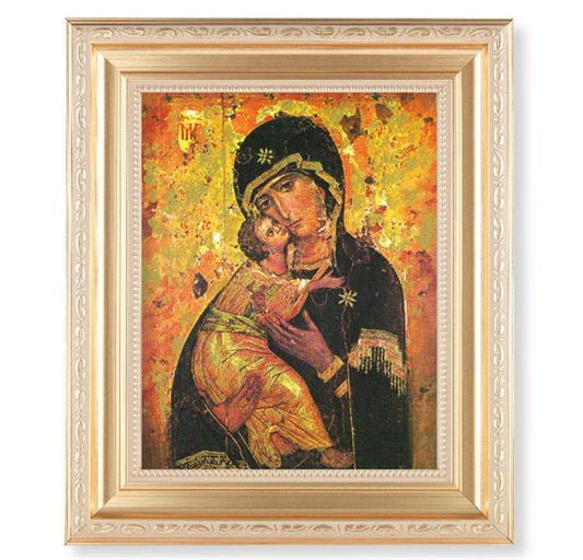 Our Lady of Vladimir, 11.5"x13.5" Satin Gold Frame, Distressed Finish with Scrollwork, Italian Print Under Glass # 26450