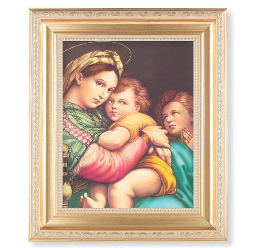 Raphael Madonna and Child, 11.5"x13.5" Satin Gold Frame, Distressed Finish with Scrollwork, Italian Print Under Glass # 26451
