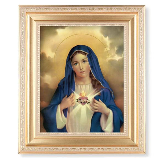 Immaculate Heart of Mary, 11.5"x13.5" Satin Gold Frame, Distressed Finish with Scrollwork, Italian Print Under Glass # 26456