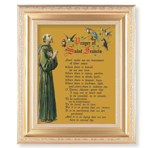 Prayer of St. Francis, 11.5"x13.5" Satin Gold Frame, Distressed Finish with Scrollwork, Italian Print Under Glass # 26465