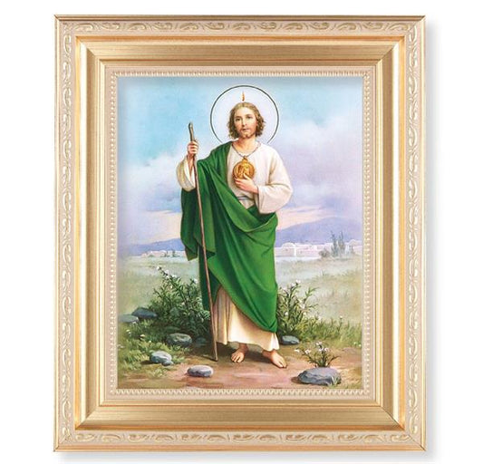 St. Jude, 11.5"x13.5" Satin Gold Frame, Distressed Finish with Scrollwork, Italian Print Under Glass # 26467