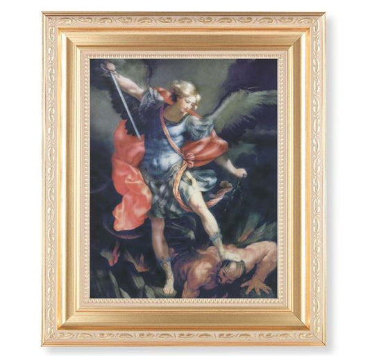 St. Michael, 11.5"x13.5" Satin Gold Frame, Distressed Finish with Scrollwork, Italian Print Under Glass # 26469