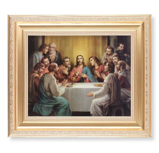 Bonella: Last Supper, 11.5"x13.5" Satin Gold Frame, Distressed Finish with Scrollwork, Italian Print Under Glass # 26477