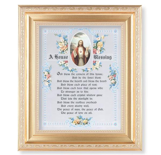 A House Blessing, 11.5"x13.5" Satin Gold Frame, Distressed Finish with Scrollwork, Italian Print Under Glass # 26480