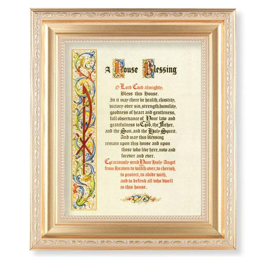 A House Blessing, 11.5"x13.5" Satin Gold Frame, Distressed Finish with Scrollwork, Italian Print Under Glass # 26483