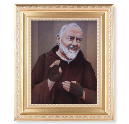 St. Padre Pio, 11.5"x13.5" Satin Gold Frame, Distressed Finish with Scrollwork, Italian Print Under Glass # 26488