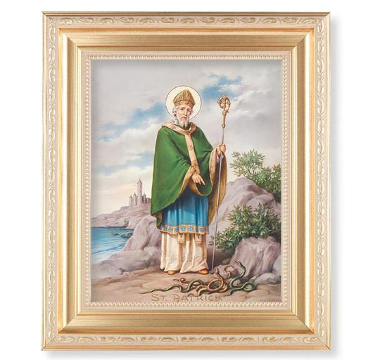 St. Patrick, 11.5"x13.5" Satin Gold Frame, Distressed Finish with Scrollwork, Italian Print Under Glass # 26496