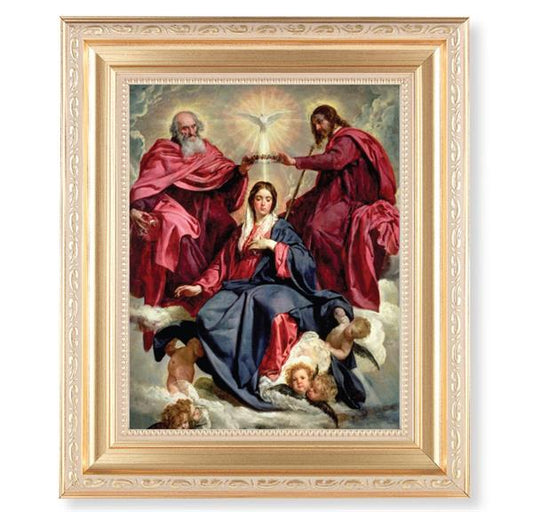 Crowning of Mary, 11.5"x13.5" Satin Gold Frame, Distressed Finish with Scrollwork, Italian Print Under Glass # 26514