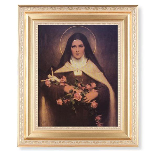 Chambers: St. Therese of Lisieux, 11.5"x13.5" Satin Gold Frame, Distressed Finish with Scrollwork, Italian Print Under Glass # 26520