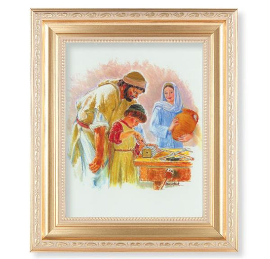 Hook: Jesus The Carpenter, 11.5"x13.5" Satin Gold Frame, Distressed Finish with Scrollwork, Italian Print Under Glass # 26531