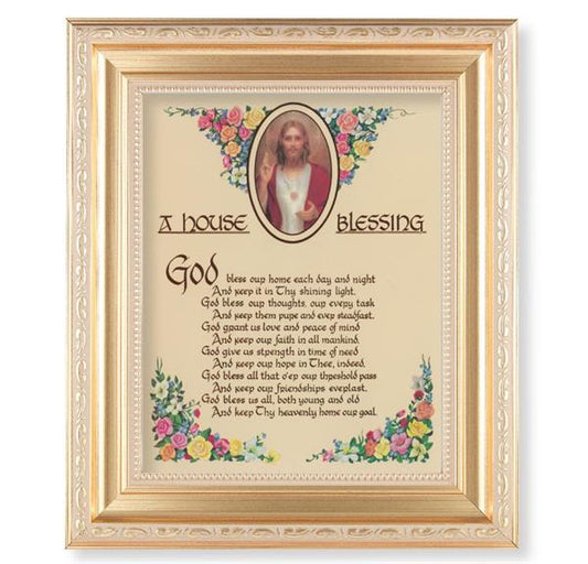 A House Blessing Picture, 11.5"x13.5" Satin Gold Frame, Distressed Finish with Scrollwork, Italian Print Under Glass # 26533