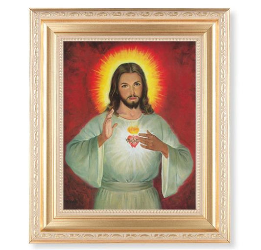 Sacred Heart of Jesus Picture, 11.5"x13.5" Satin Gold Frame, Distressed Finish with Scrollwork, Italian Print Under Glass # 26539