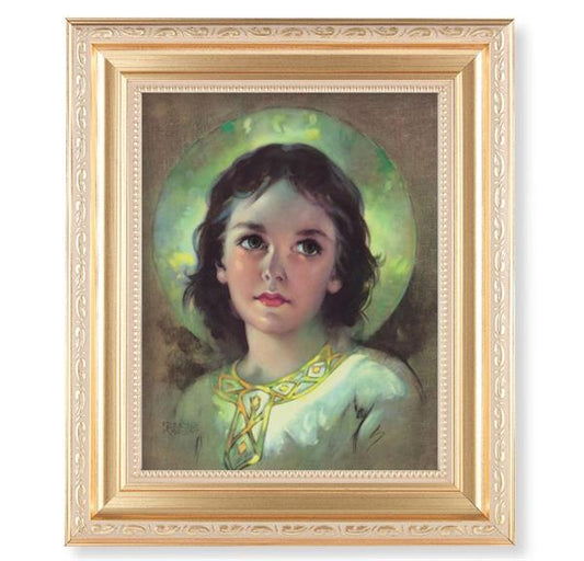 The Child Jesus Picture, 11.5"x13.5" Satin Gold Frame, Distressed Finish with Scrollwork, Italian Print Under Glass # 26547