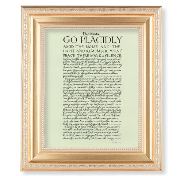Go Placidly Desiderata, 11.5"x13.5" Satin Gold Frame, Distressed Finish with Scrollwork, Italian Print Under Glass # 26550
