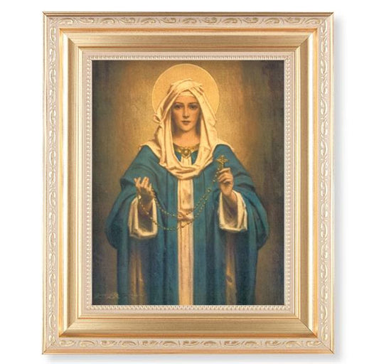 Our Lady of The Rosary Picture, 11.5"x13.5" Satin Gold Frame, Distressed Finish with Scrollwork, Italian Print Under Glass # 26555