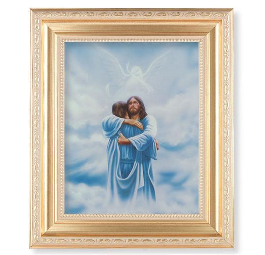 Welcome Home Reunion Picture, 11.5"x13.5" Satin Gold Frame, Distressed Finish with Scrollwork, Italian Print Under Glass # 26556