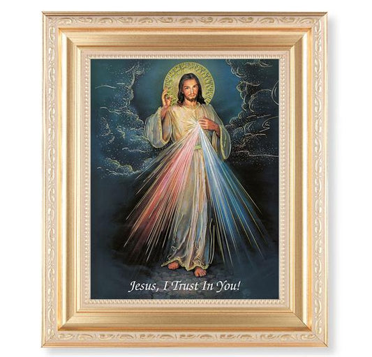 Divine Mercy, 11.5"x13.5" Satin Gold Frame, Distressed Finish with Scrollwork, Gold-Stamped Print Under Glass # 26560