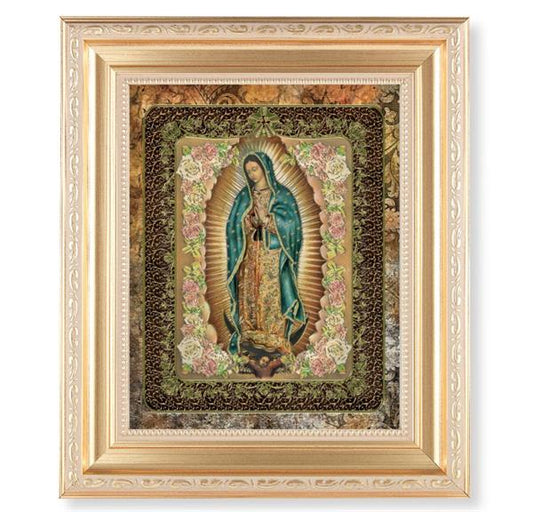 Our Lady of Guadalupe, 11.5"x13.5" Satin Gold Frame, Distressed Finish with Scrollwork, Gold-Stamped Print Under Glass # 26564