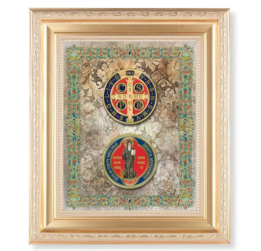 St. Benedict Medal Picture, 11.5"x13.5" Satin Gold Frame, Distressed Finish with Scrollwork, Gold-Stamped Print Under Glass # 26568