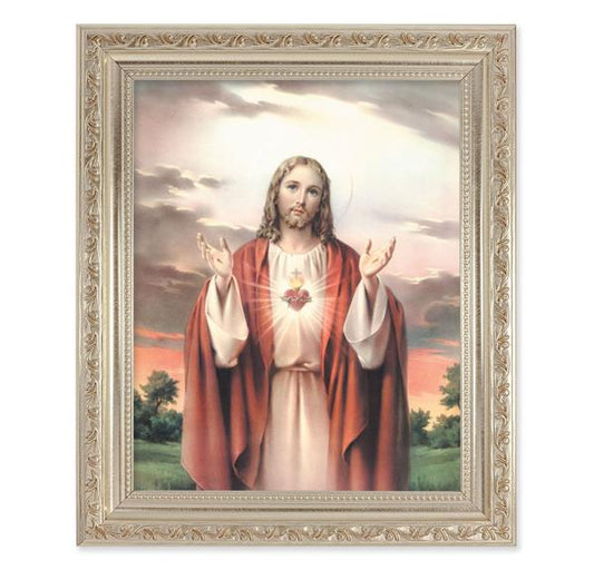 Sacred Heart of Jesus, 10"x12" Antique Silver & Carved Scrollwork Frame, Italian Print Under Glass # 26750