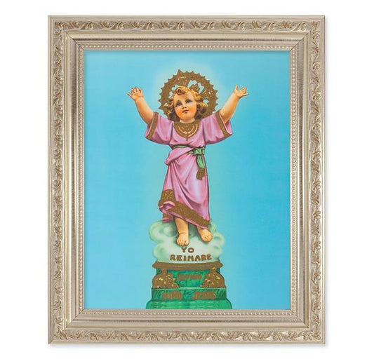 Divino Nino, 10"x12" Antique Silver & Carved Scrollwork Frame, Italian Print Under Glass # 26760
