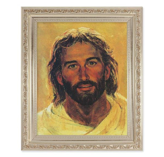 Hook: Head of Christ, 10"x12" Antique Silver & Carved Scrollwork Frame, Italian Print Under Glass # 26779