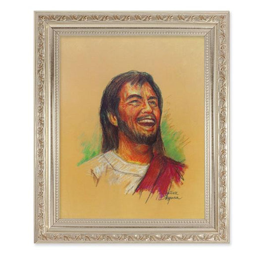 Segura: Laughing Jesus, 10"x12" Antique Silver & Carved Scrollwork Frame, Italian Print Under Glass # 26780