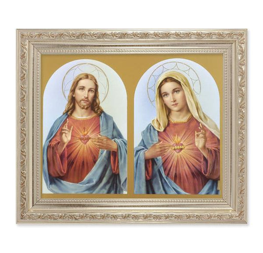 The Sacred Hearts, 10"x12" Antique Silver & Carved Scrollwork Frame, Italian Print Under Glass # 26784
