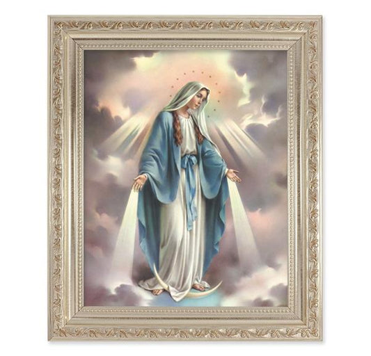Our Lady of Grace, 10"x12" Antique Silver & Carved Scrollwork Frame, Italian Print Under Glass # 26787