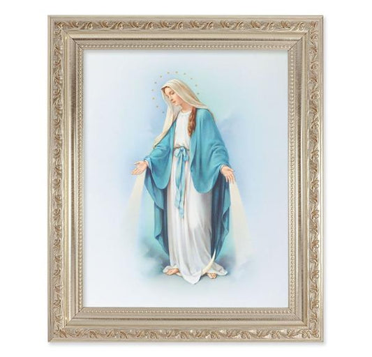 Our Lady of Grace, 10"x12" Antique Silver & Carved Scrollwork Frame, Italian Print Under Glass # 26789