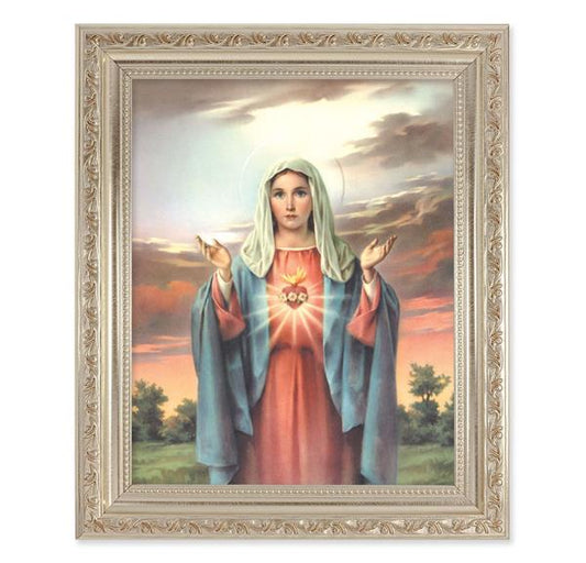 Immaculate Heart of Mary, 10"x12" Antique Silver & Carved Scrollwork Frame, Italian Print Under Glass # 26792