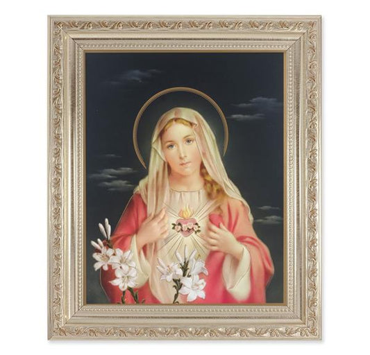 Immaculate Heart of Mary, 10"x12" Antique Silver & Carved Scrollwork Frame, Italian Print Under Glass # 26793