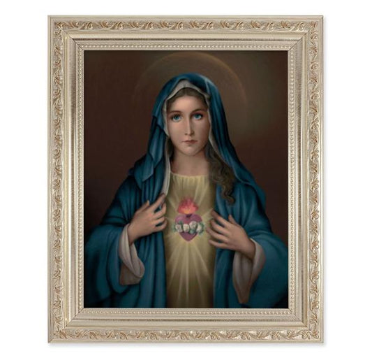 Immaculate Heart of Mary, 10"x12" Antique Silver & Carved Scrollwork Frame, Italian Print Under Glass # 26801