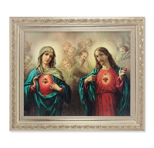 The Sacred Hearts, 10"x12" Antique Silver & Carved Scrollwork Frame, Italian Print Under Glass # 26810