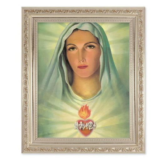 Immaculate Heart of Mary, 10"x12" Antique Silver & Carved Scrollwork Frame, Italian Print Under Glass # 26817