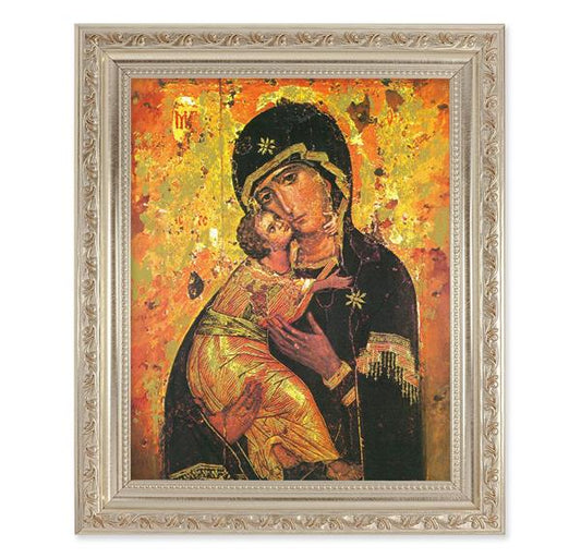 Our Lady of Vladimir, 10"x12" Antique Silver & Carved Scrollwork Frame, Italian Print Under Glass # 26821