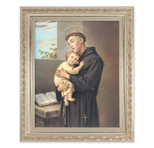 St. Anthony of Padua, 10"x12" Antique Silver & Carved Scrollwork Frame, Italian Print Under Glass # 26834