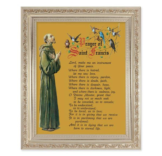 Prayer of St. Francis, 10"x12" Antique Silver & Carved Scrollwork Frame, Italian Print Under Glass # 26836