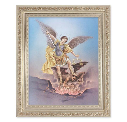 St. Michael, 10"x12" Antique Silver & Carved Scrollwork Frame, Italian Print Under Glass # 26839