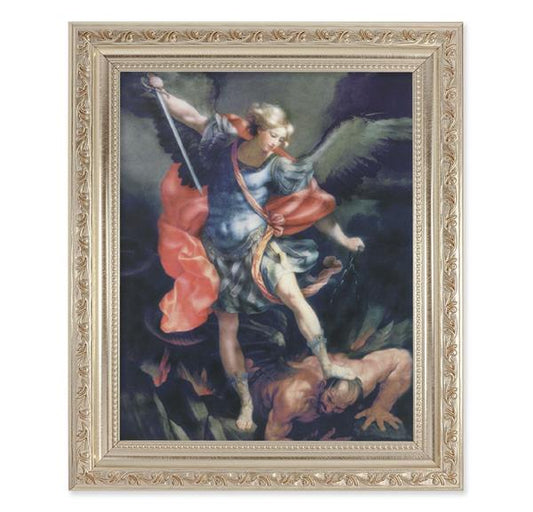 St. Michael, 10"x12" Antique Silver & Carved Scrollwork Frame, Italian Print Under Glass # 26840