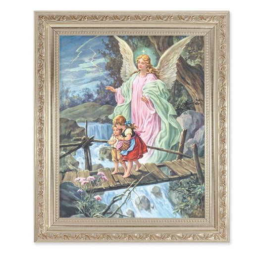 Guardian Angel with Children, 10"x12" Antique Silver & Carved Scrollwork Frame, Italian Print Under Glass # 26842