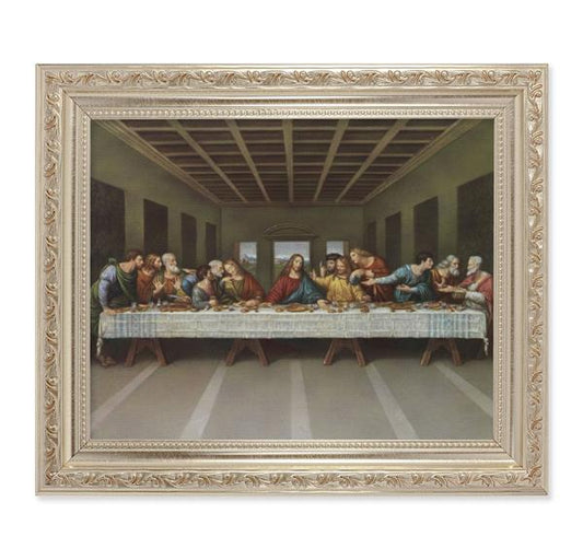 Last Supper, 10"x12" Antique Silver & Carved Scrollwork Frame, Italian Print Under Glass # 26847