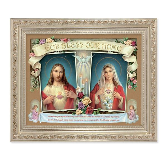 God Bless Our Home, 10"x12" Antique Silver & Carved Scrollwork Frame, Italian Print Under Glass # 26850