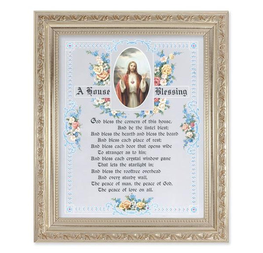 A House Blessing, 10"x12" Antique Silver & Carved Scrollwork Frame, Italian Print Under Glass # 26851